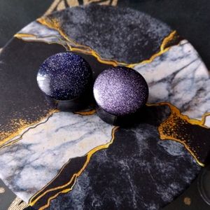 Pair blue gold stone dome front double flared plugs earrings 19mm